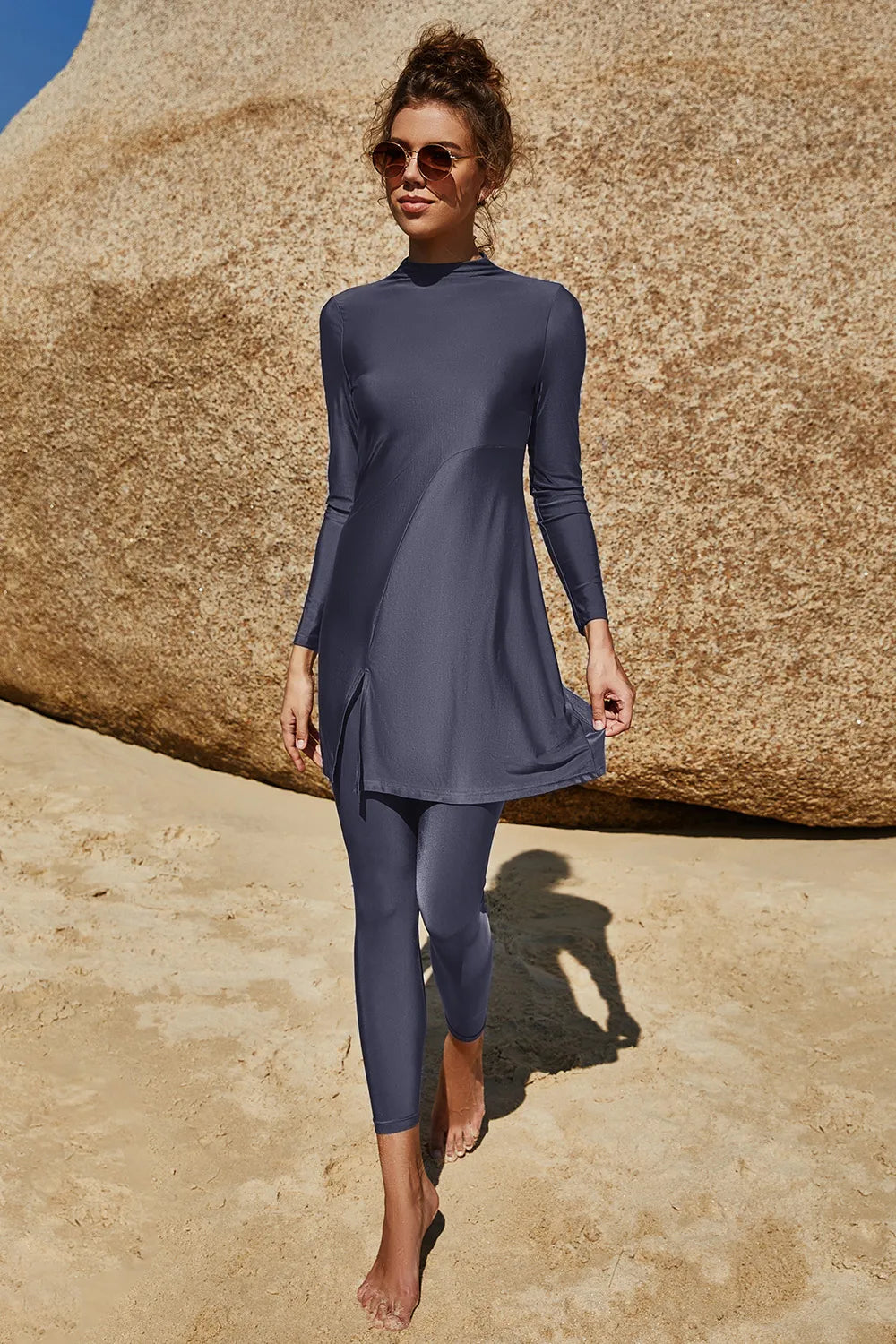 Slit Mock Neck Long Sleeve Top and Pants Swim Set - Deep Teal - View 8