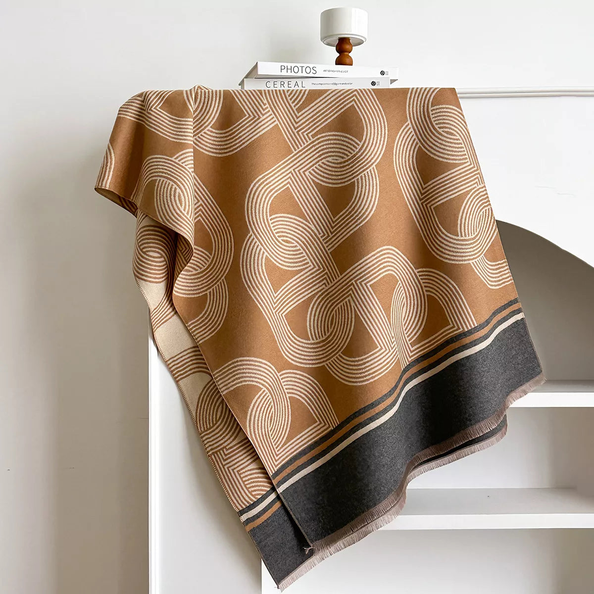 Geometric Pattern Raw Hem Scarf - Khaki - View 4