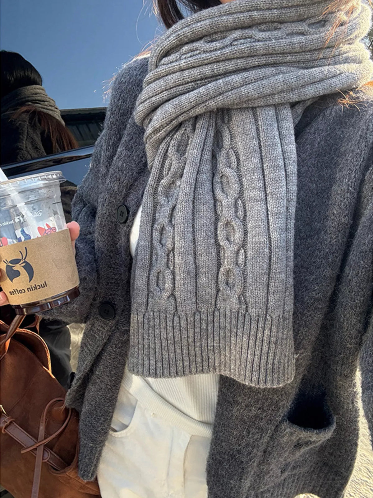 Textured Knit Winter Scarf - Gray - View 5