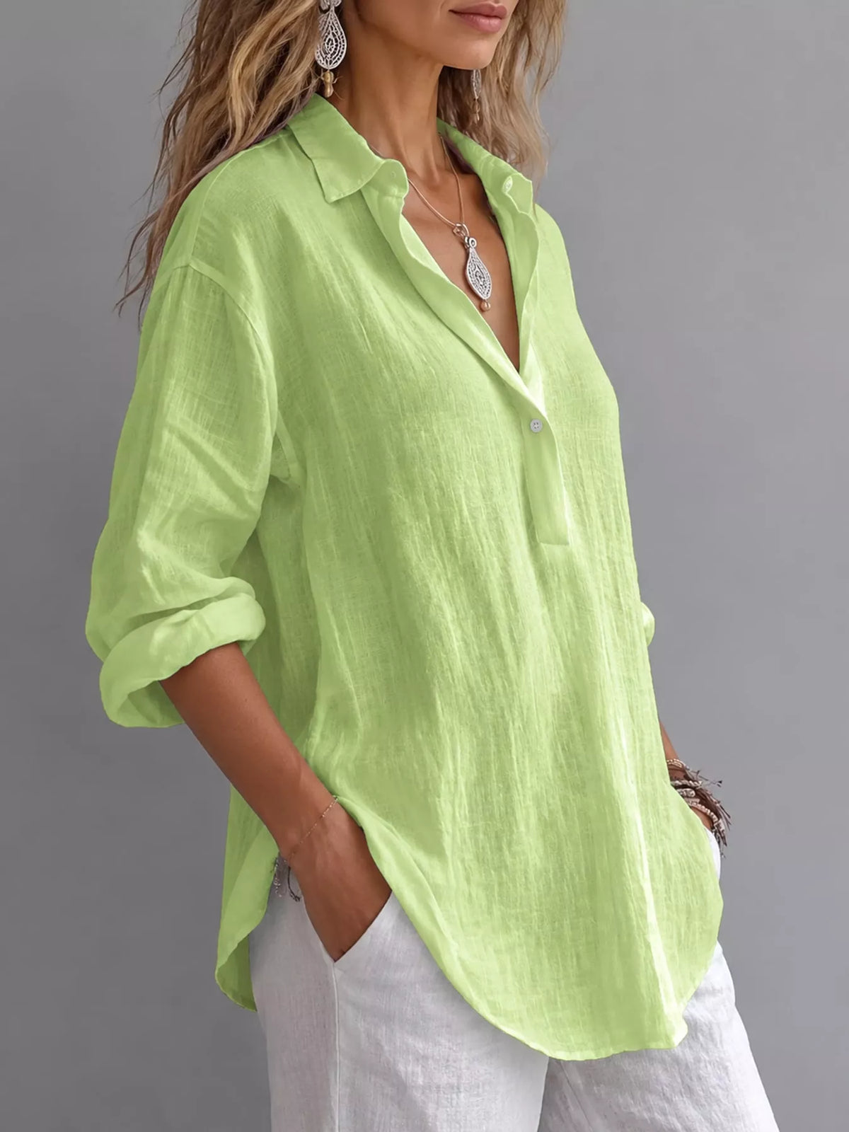 Collared Neck Long Sleeve Blouse - Green - View 6