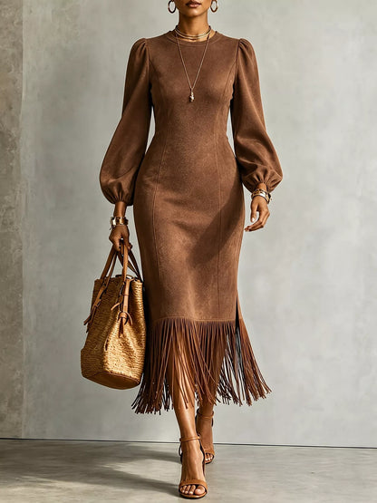 Fringe Balloon Sleeve Midi Dress - Coffee Brown - View 1