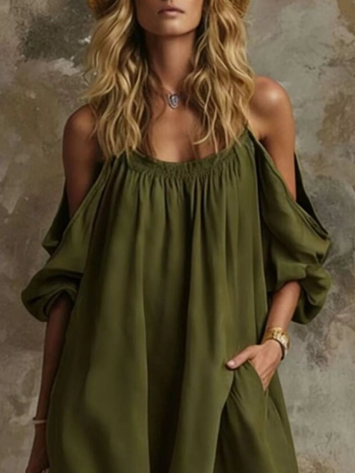 Full Size Cold-Shoulder Linen Maxi Dress Plus Size - Army Green - View 2