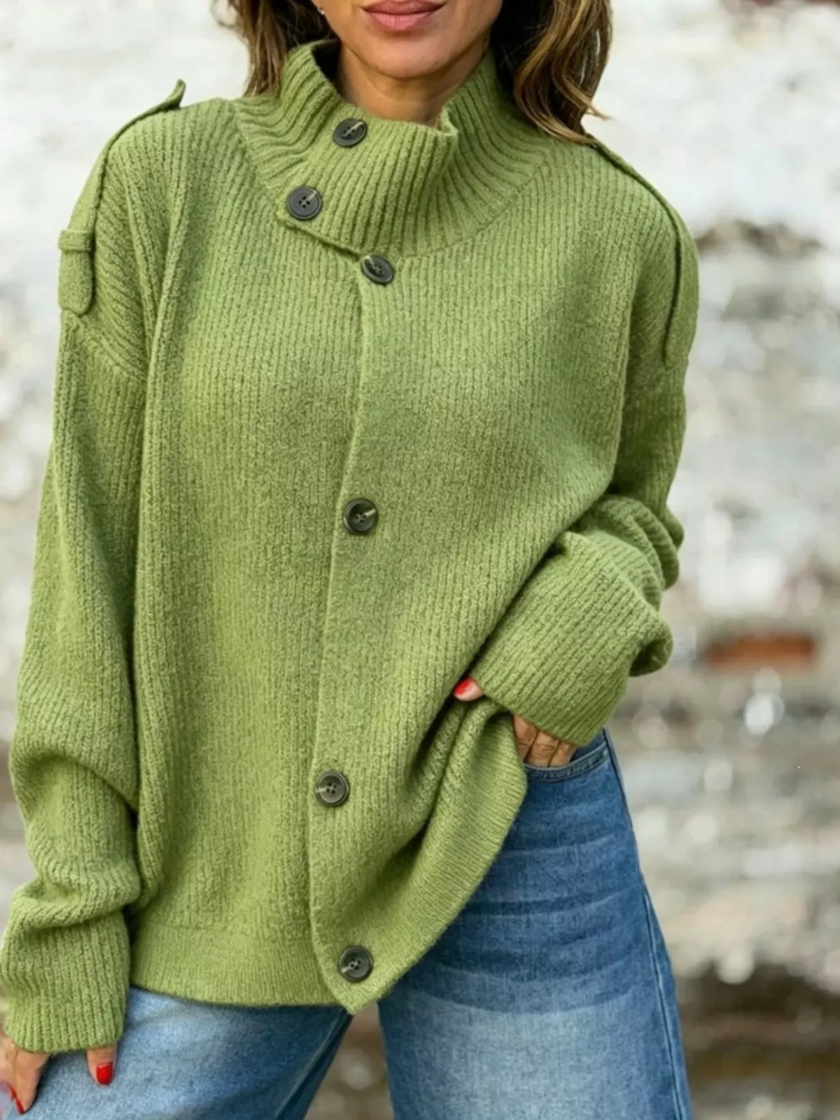 Full Size Button-Up Mock Neck Cardigan Plus Size - Green - View 1