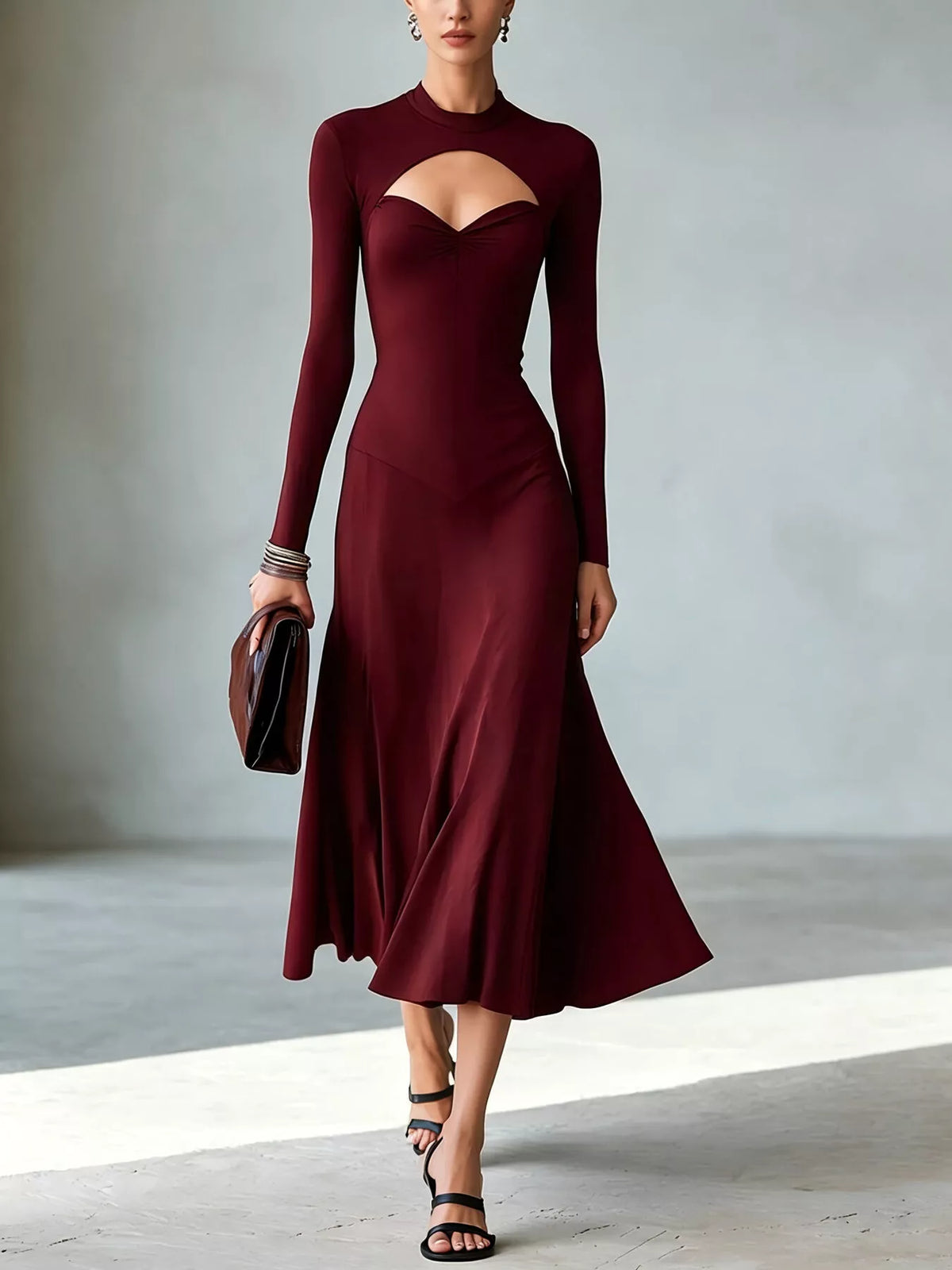 Full Size Mock Neck Cut-Out Long Sleeve Midi Dress Plus Size - Red - View 1