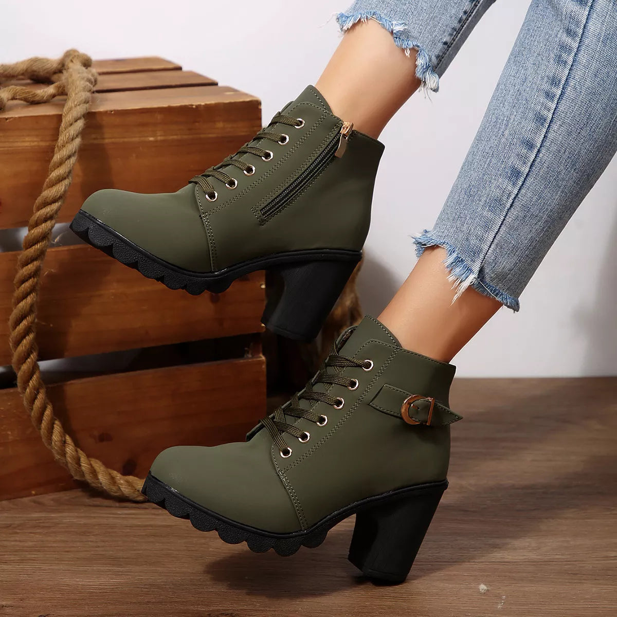 Lace Up Block Heels Boots - Green - View 17