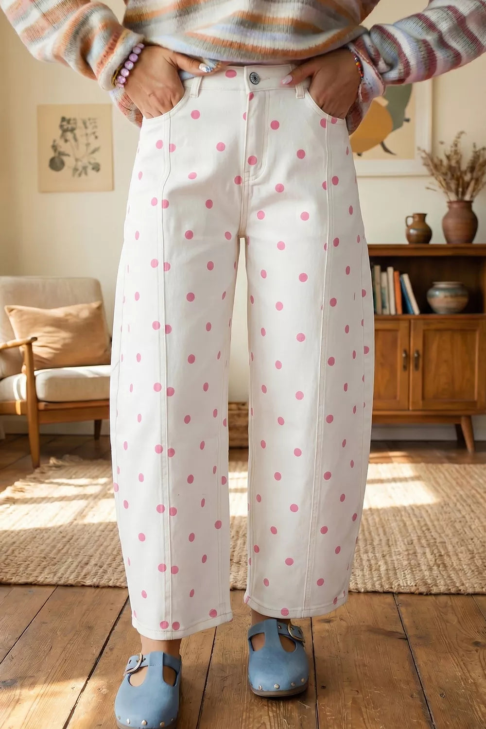 Polka Dot Wide-Leg Jeans - Blush Pink - View 3