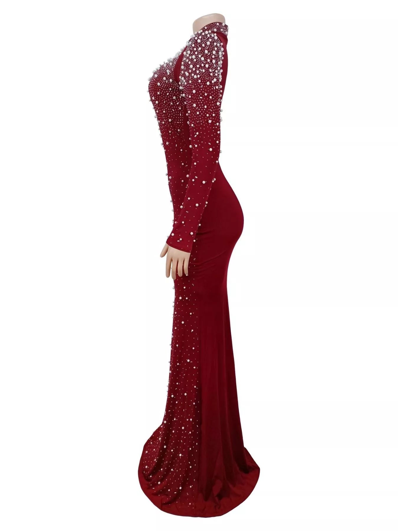 Rhinestone Long Sleeve Mermaid Maxi Dress - Burgundy - Side Mannequin View