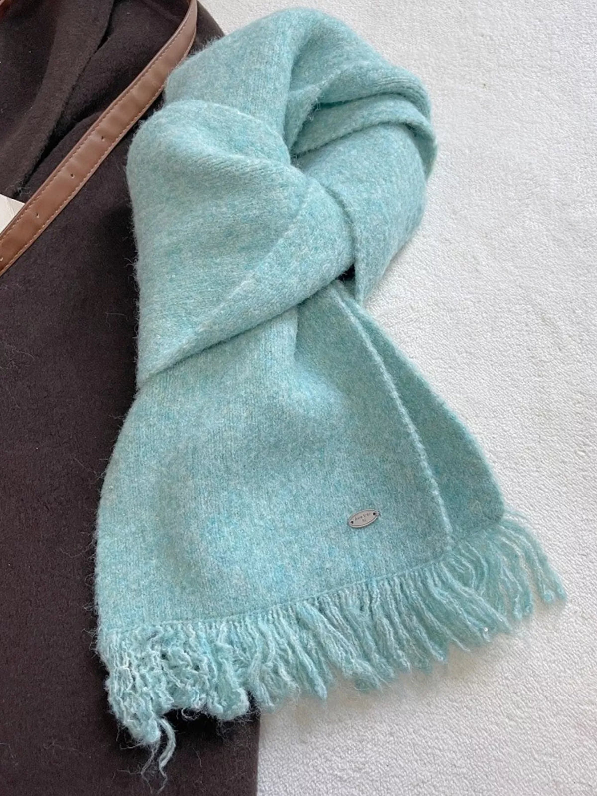 Fringe Hem Knitted Scarf - Lake Blue - View 4