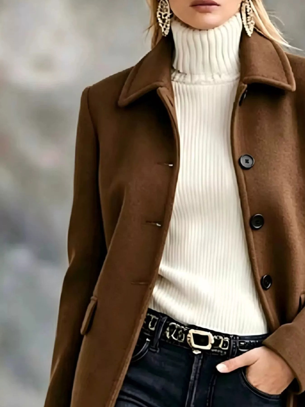 Button Up Collared Neck Coat - Dark Brown - View 10