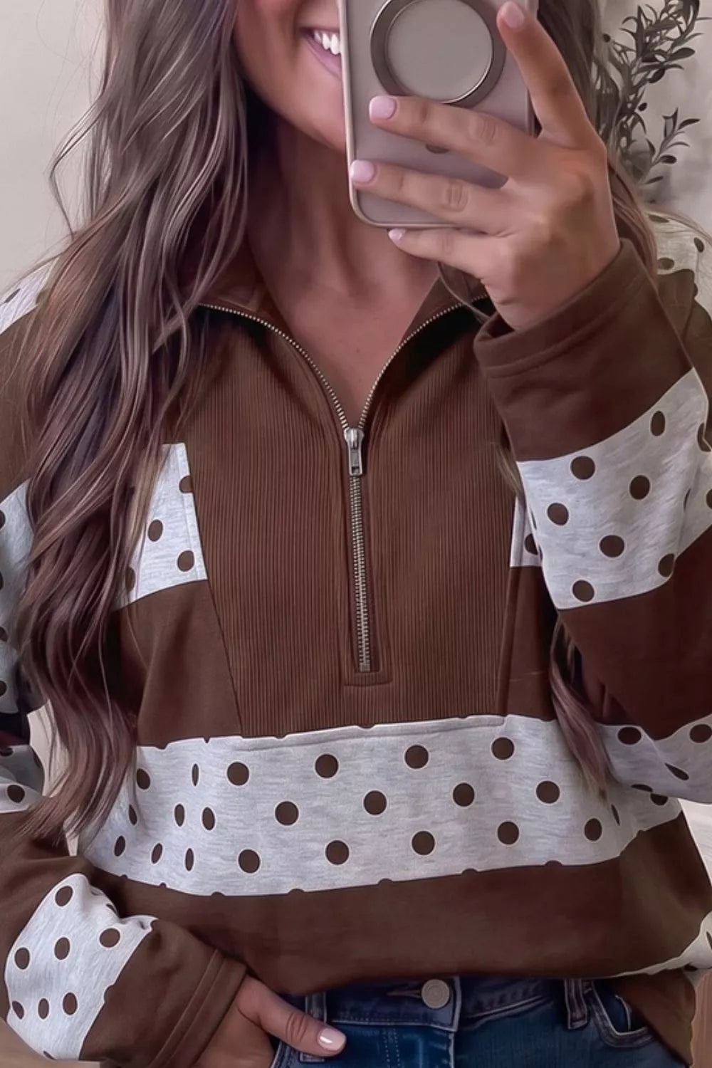 Half Zip Polka Dot Sweatshirt - Brown - View 3