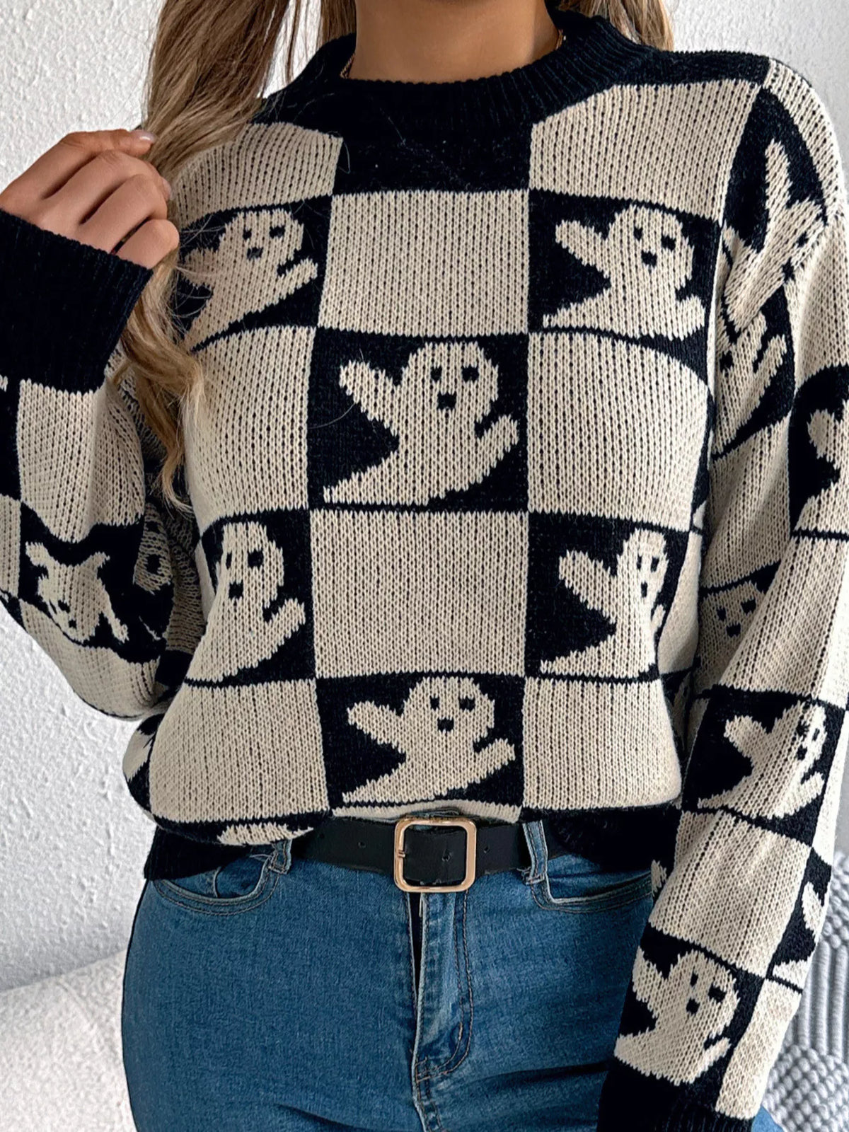 Checkerboard Halloween Graphic Sweater - Beige - View 1