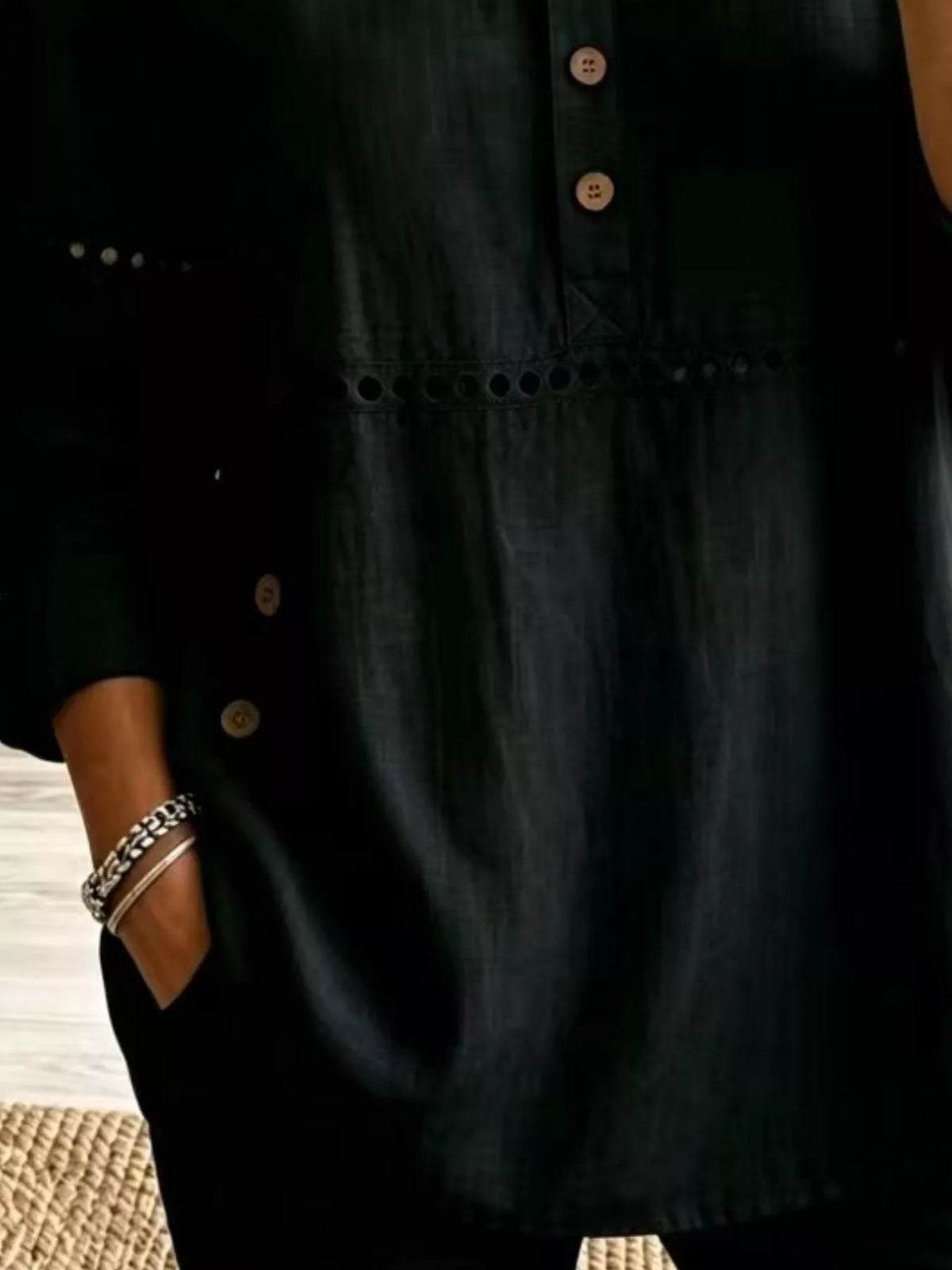 Full Size Button Detail Eyelet Long Sleeve Blouse Plus Size - Black - View 3