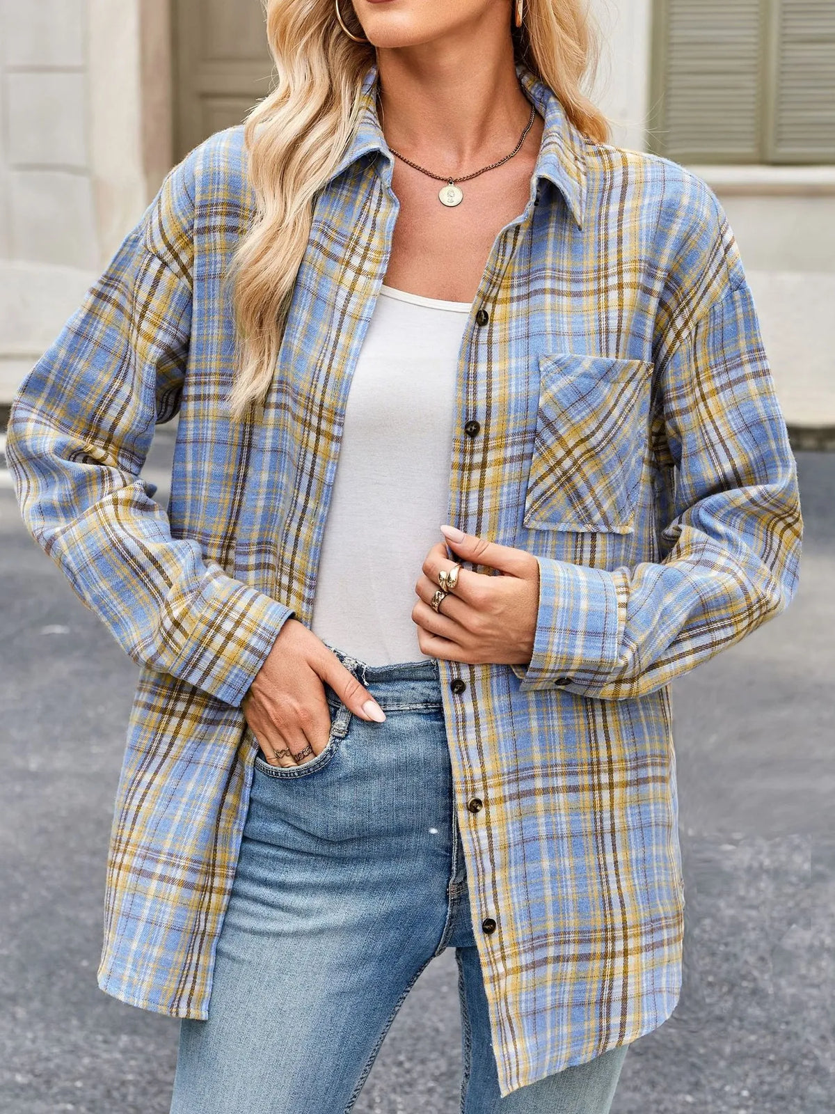 Plaid Button Up Long Sleeve Shirt - Light Blue - View 15