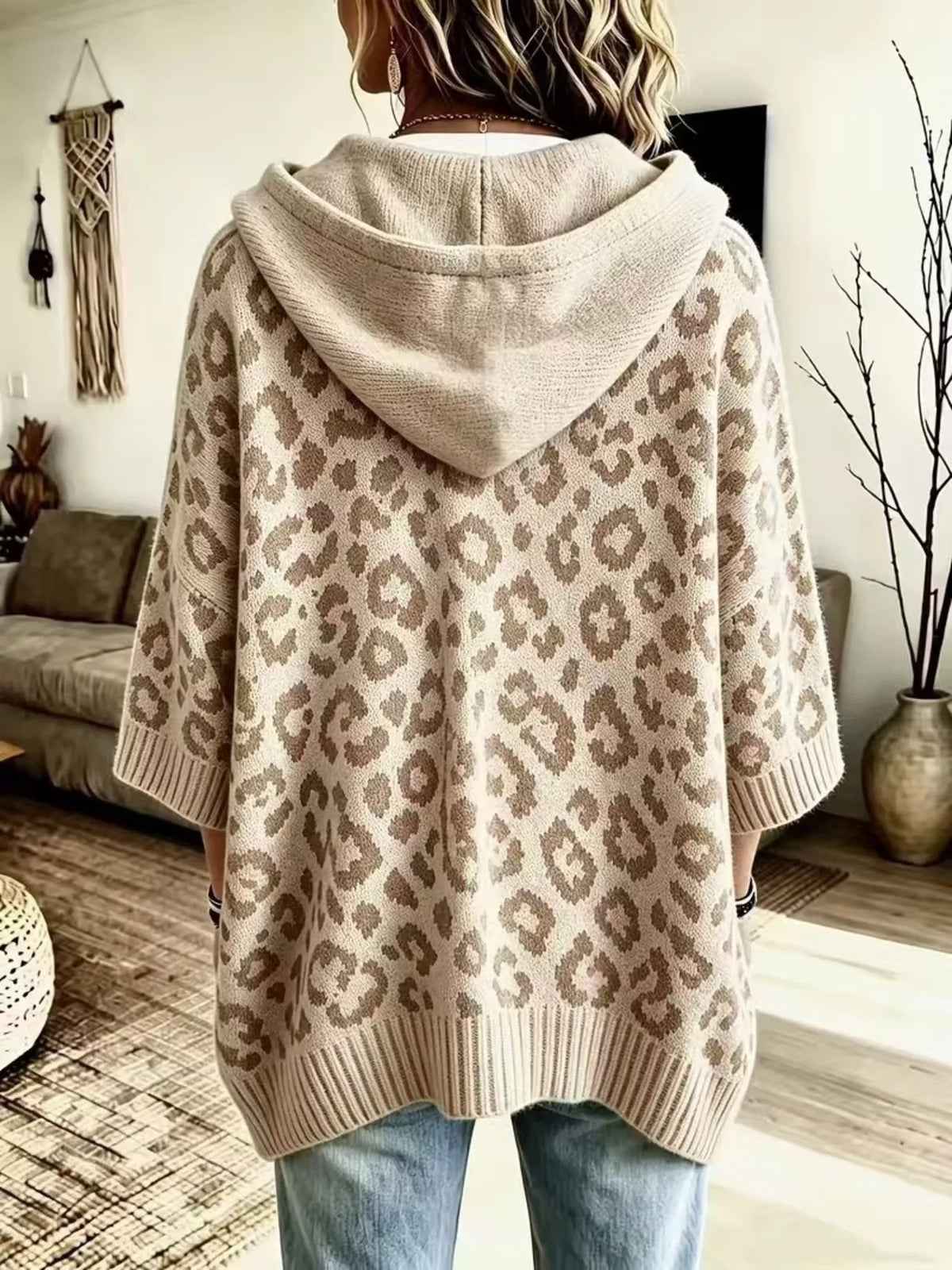 Drawstring Leopard Hooded Sweater - Apricot - View 12