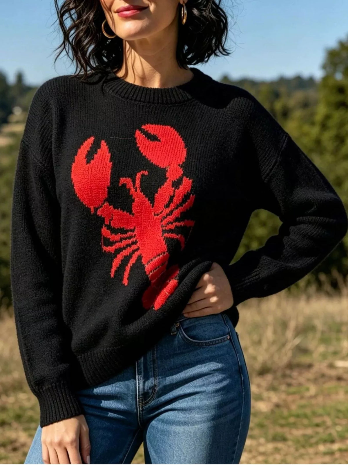 Lobster Graphic Crew Neck Sweater - Black - View 1