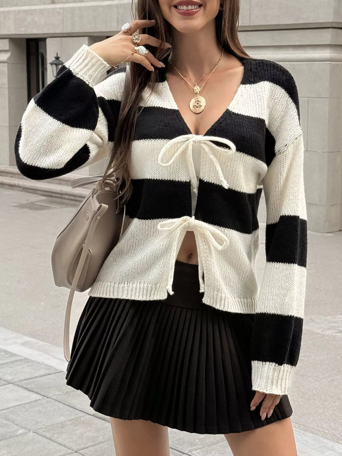 Striped Tie-Front Knit Cardigan - Black - View 1