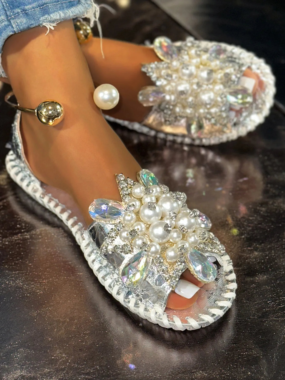Pearl Embellished Flat Sandals - Gold - View 7