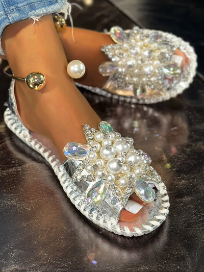 Pearl Embellished Flat Sandals - Gold - View 7