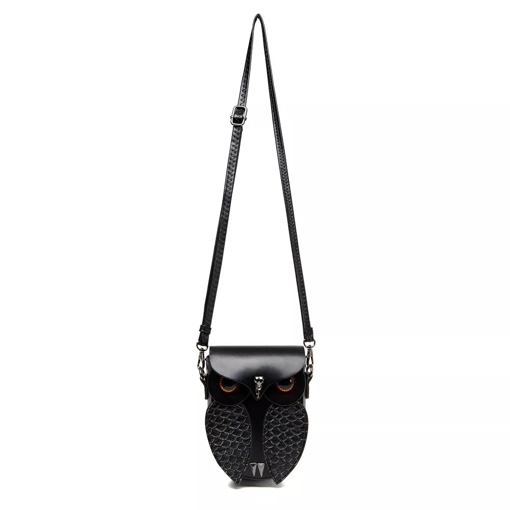 Owl Design Leather Crossbody Bag - Black - View 10