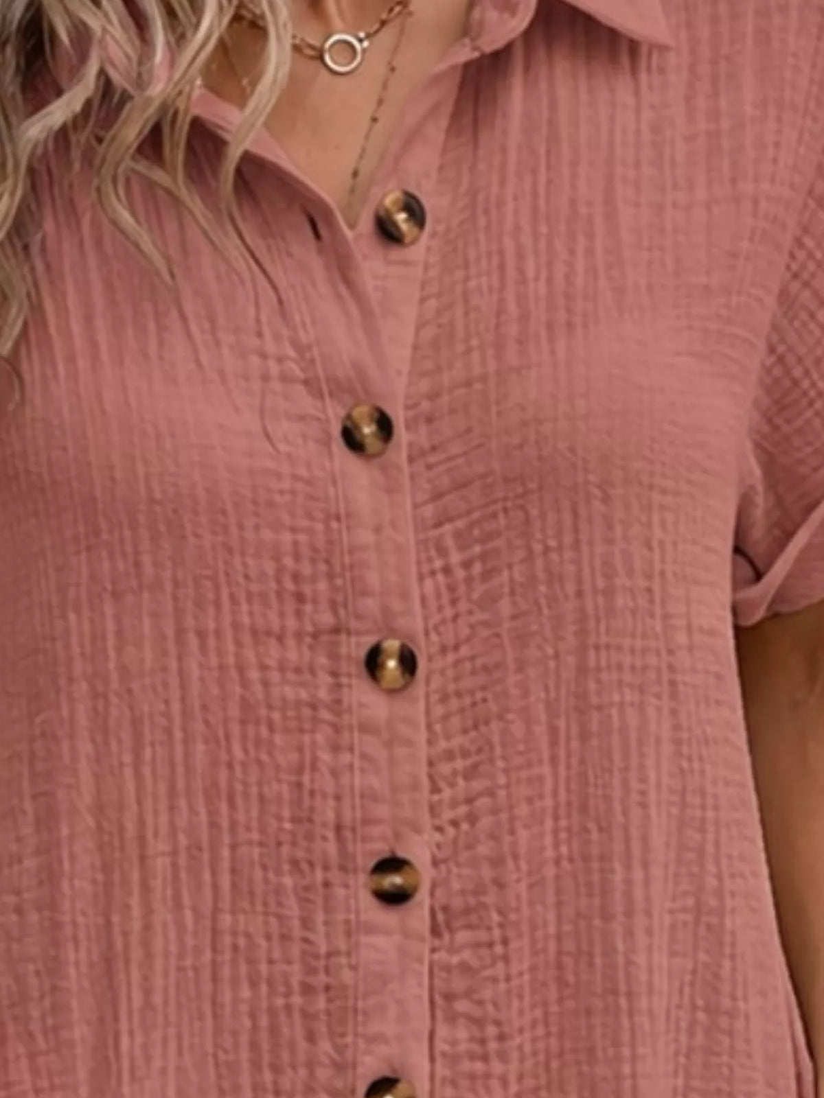 Full Size Button-Down Textured Shirt Dress with Pockets Plus Size - Dusty Pink - View 14
