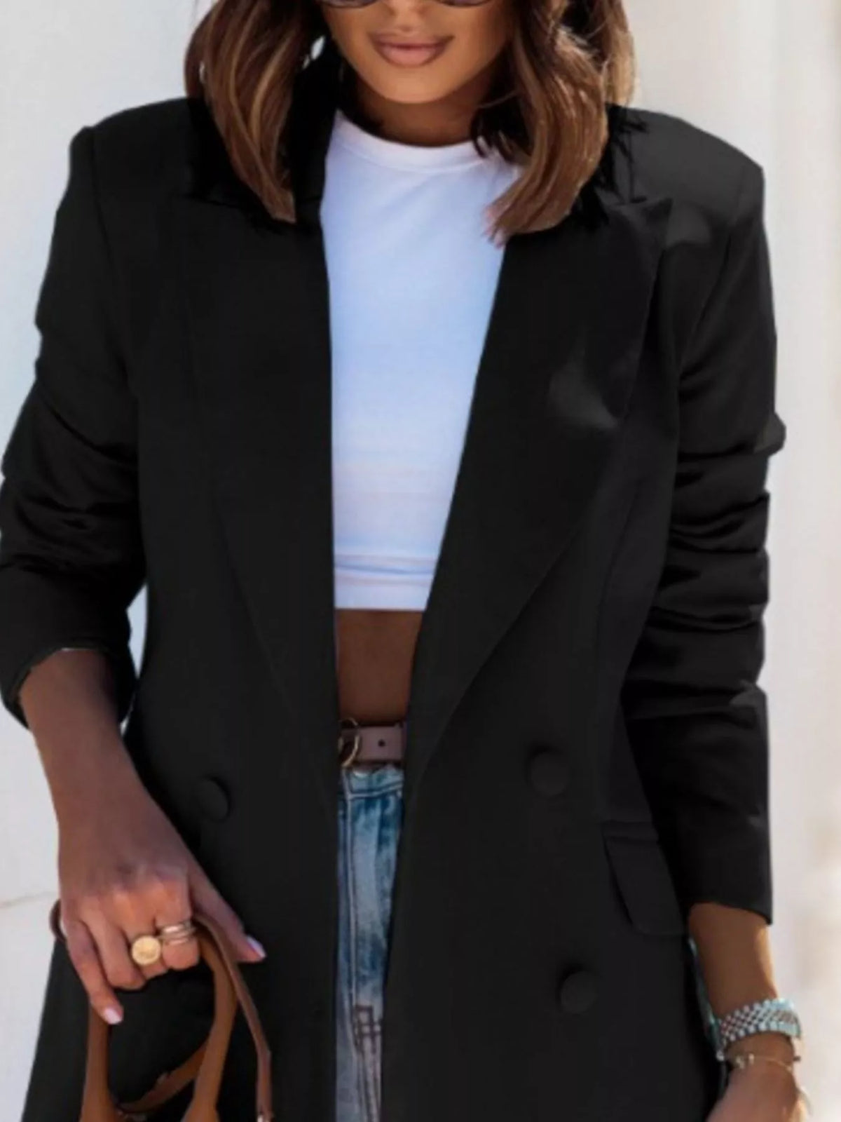 Lapel Collar Long Sleeve Blazer - Black - View 12