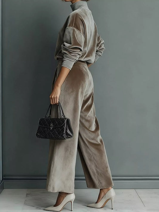 Velvet Mock Neck Long Sleeve Top and Wide-Leg Pants Set - Light Brown - View 2