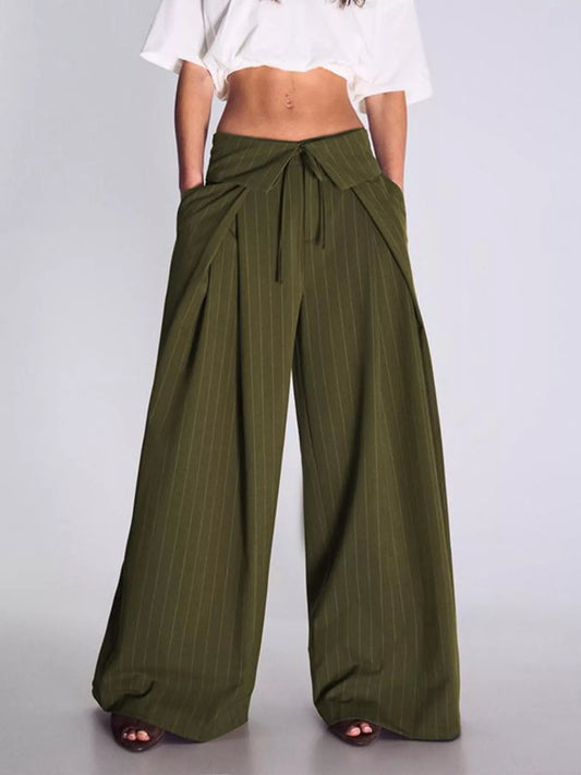 High-Waisted Wide-Leg Pinstripe Pants - Green - View 2