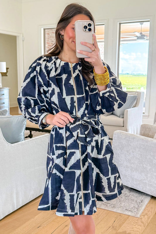Blue Abstract Geometric Print Zip Front Tie Waist Shift Dress - Blue - 2