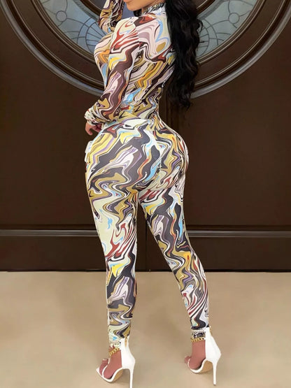 Abstract Swirl Print Top and Pants Set - Camel - Back Model View
