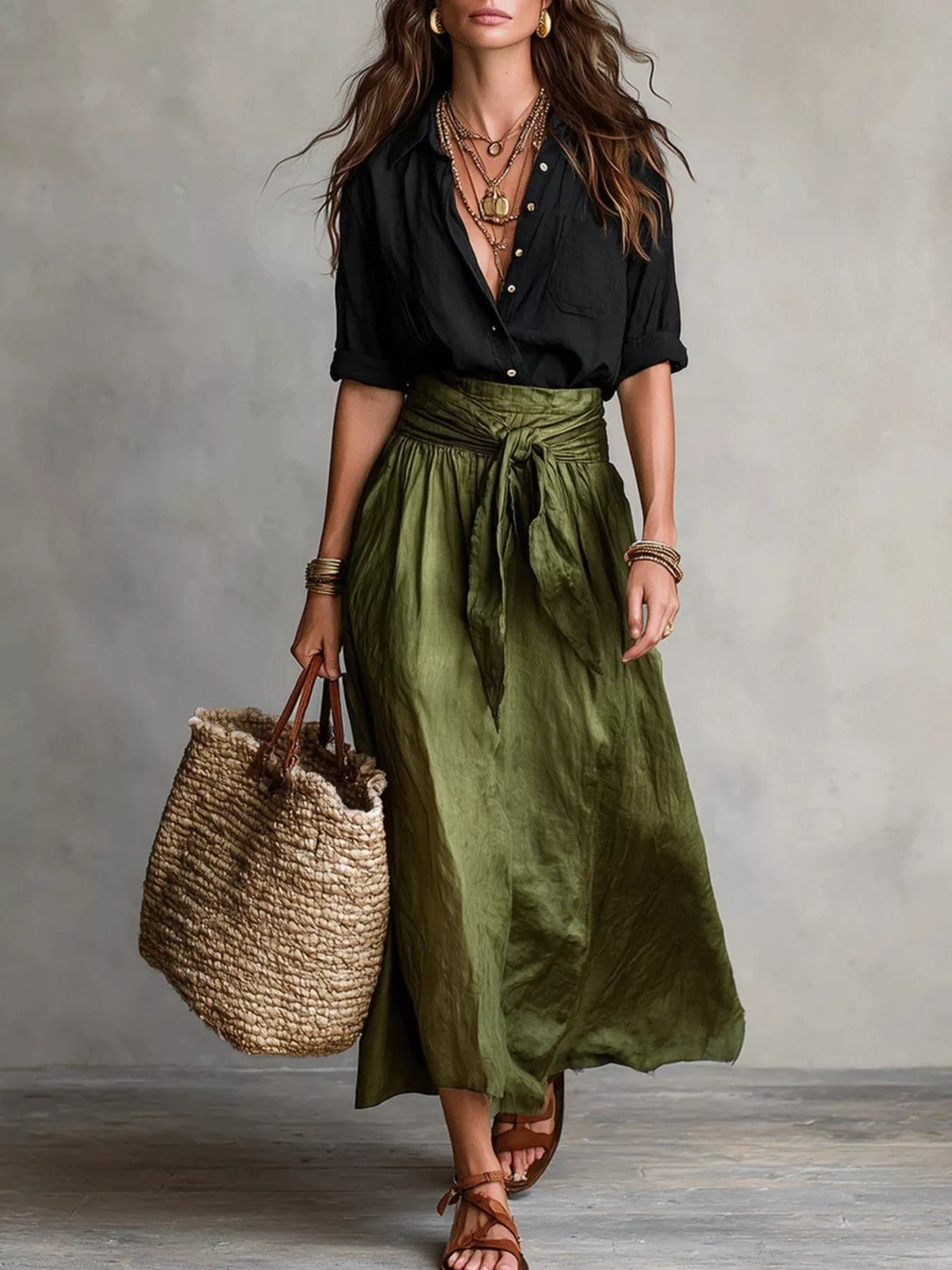 Full Size Button-Down Shirt and Skirt Set Plus Size - Black - View 1