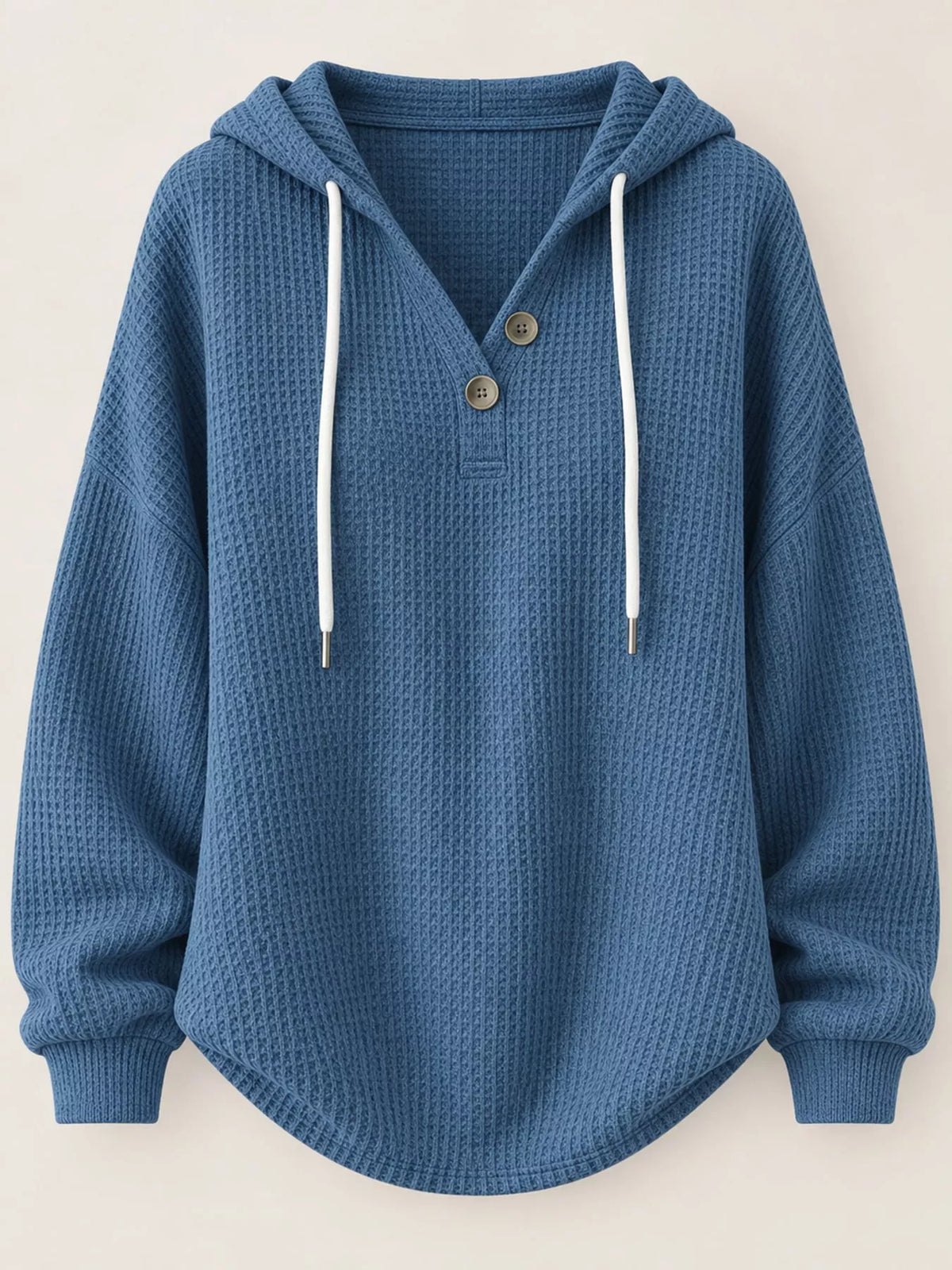 Full Size Waffle Knit Button Detail Hoodie Plus Size - Navy Blue - View 48