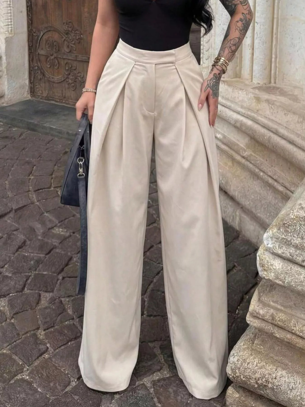 High-Waisted Pleated Wide Leg Pants - Dust Storm - View 2