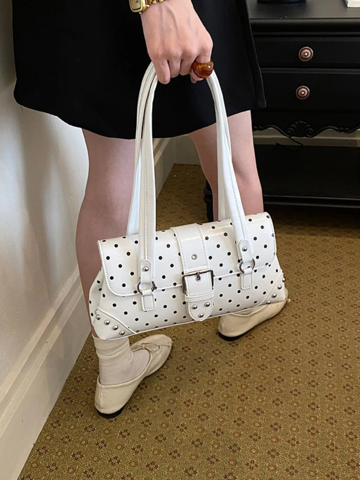 Polka Dot Studded Shoulder Bag - White - View 4