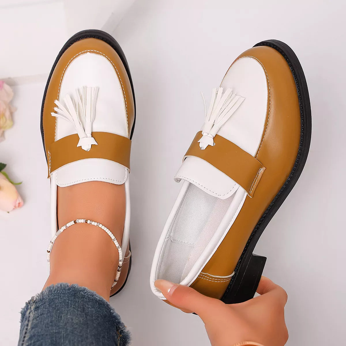 Round Toe Block Heels Loafers - Brown - View 4