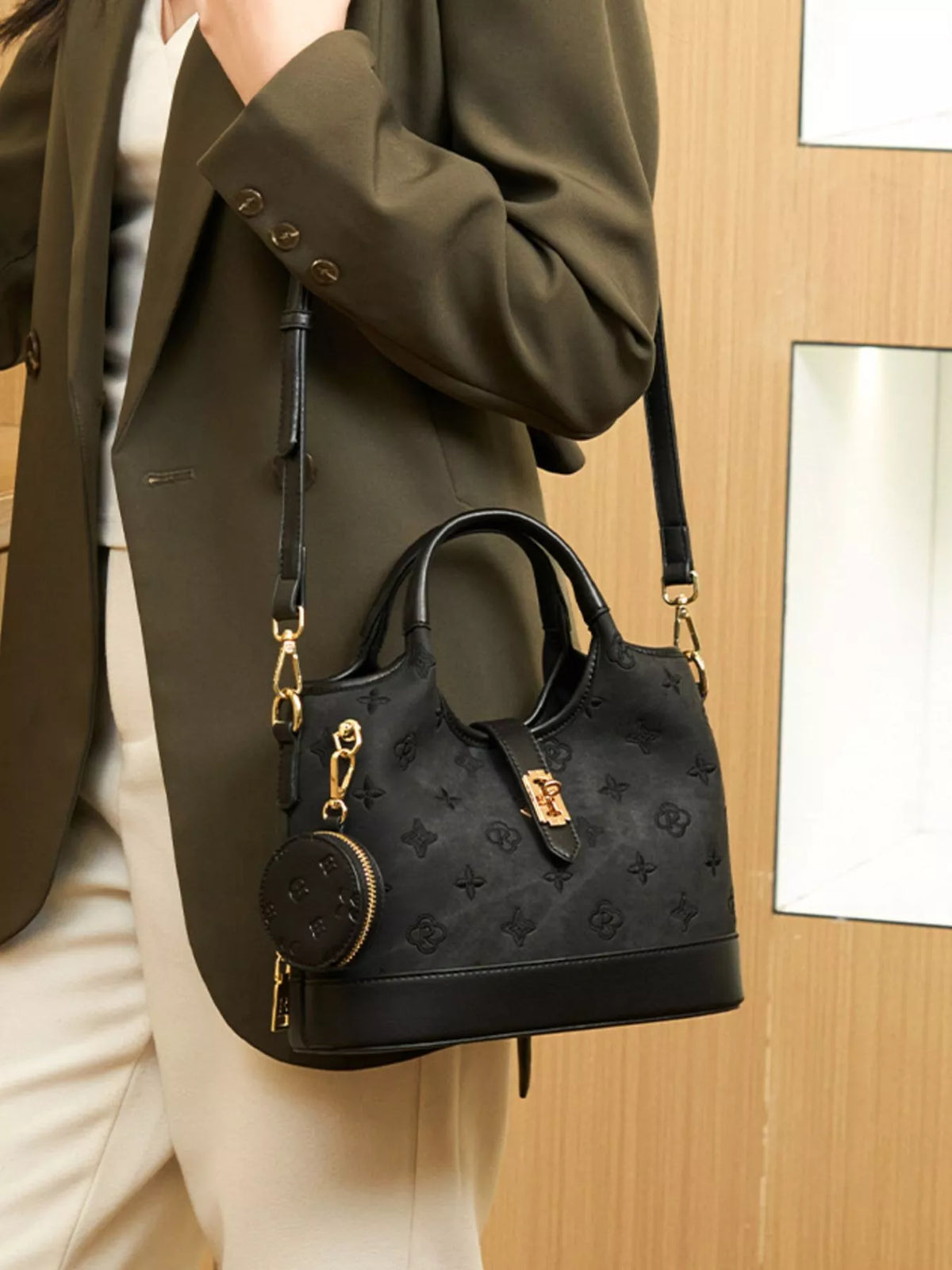 Embossed Crossbody Bag with Detachable Coin Pouch - Black - View 2
