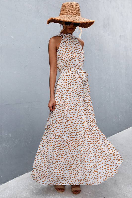 Printed Sleeveless Tie Waist Maxi Dress - Beige - View 2