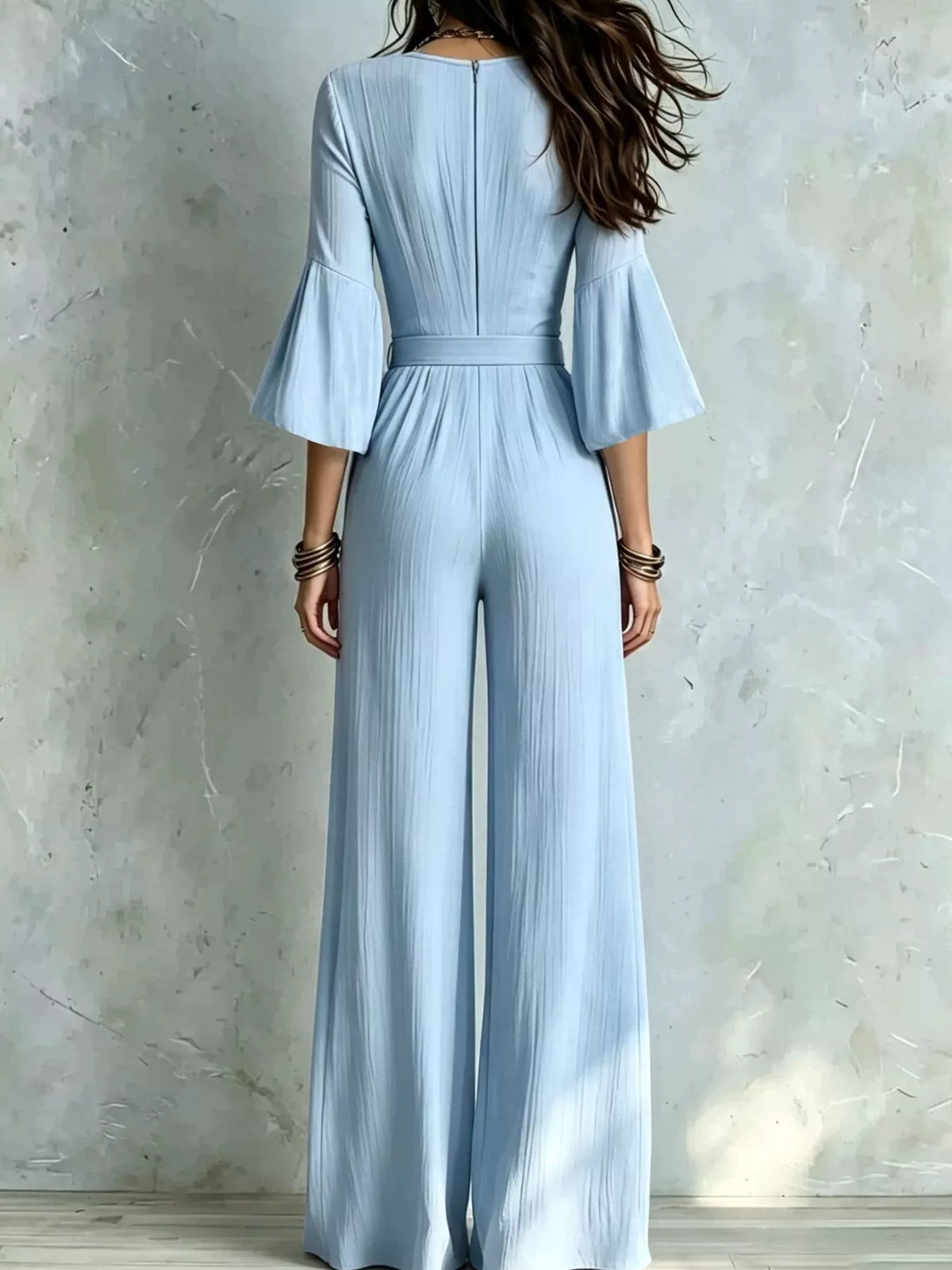 Pleated Wide-Leg Jumpsuit with Tie-Waist - Sky Blue - View 8