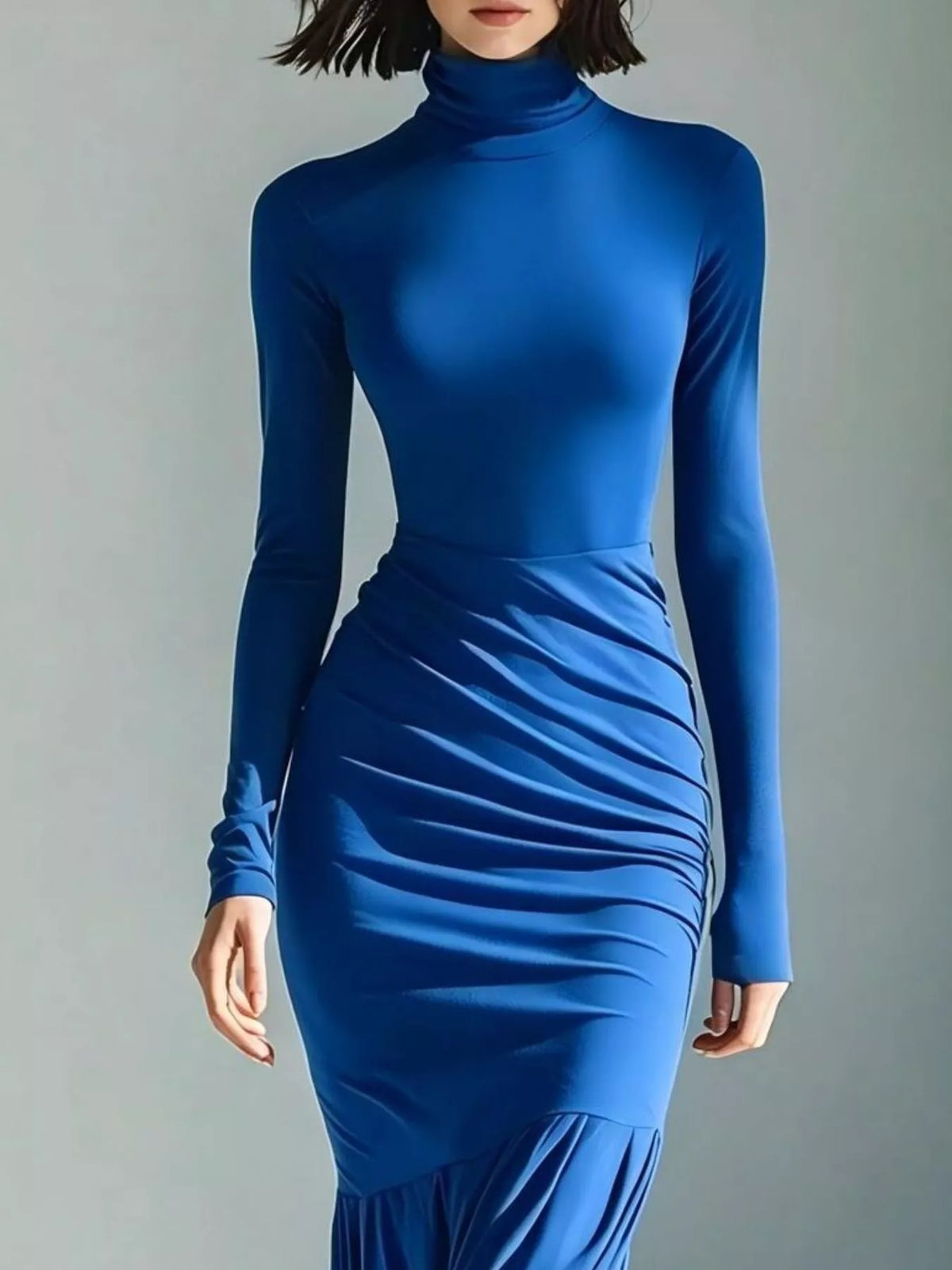 Full Size Slit Turtleneck Ruched Bodycon Mermaid Dress Plus Size - Blue - View 2