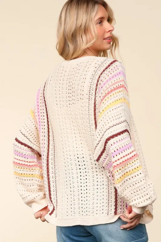 Haptics Full Size Striped Crochet Open Front Cardigan - product photo 2