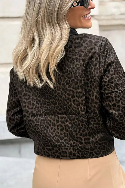 Leopard Print Cropped Faux Leather Jacket with Utility Pockets - Black - View 5
