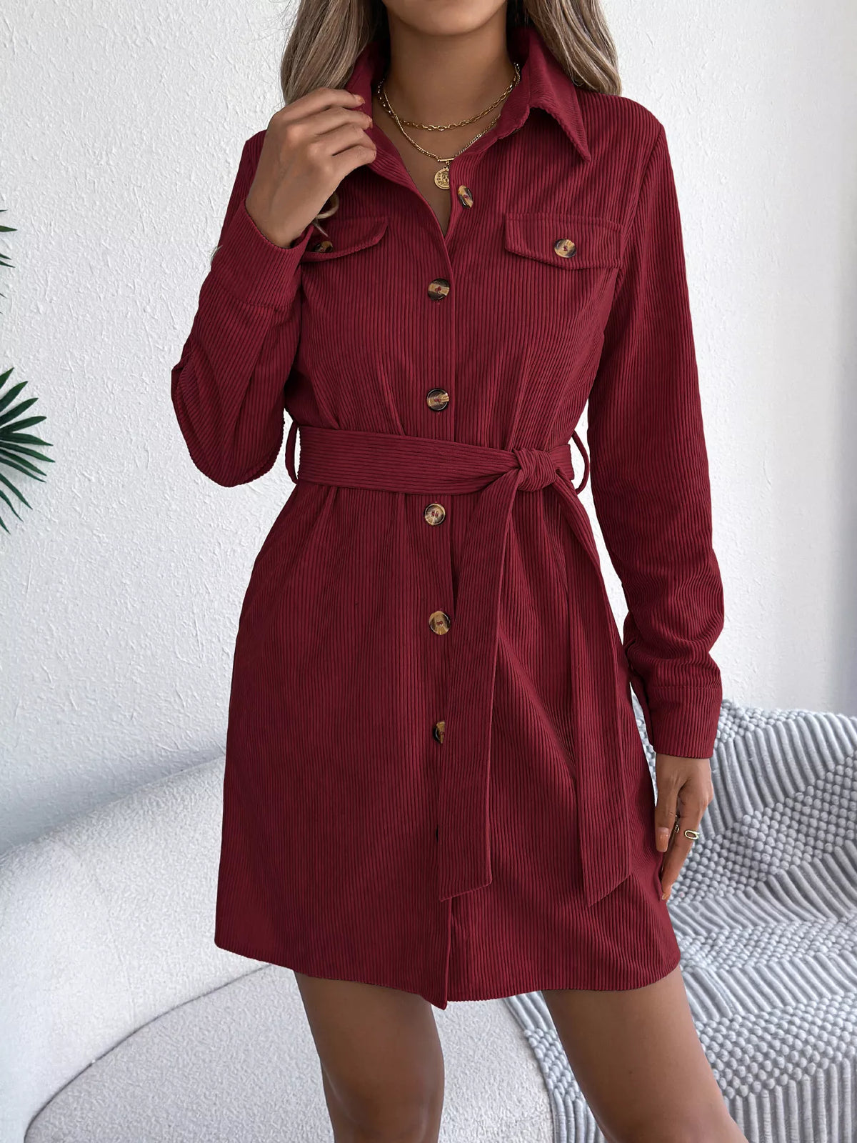 Corduroy Button-Down Shirt Dress - Burgundy - View 4