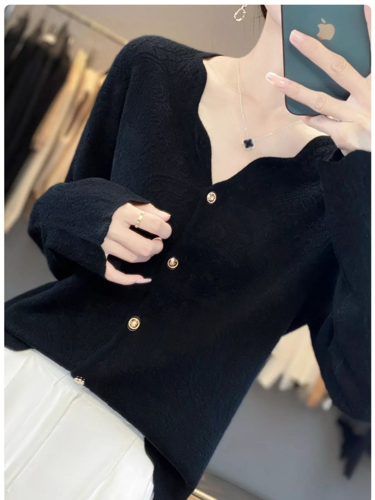 Lace V-Neck Cardigan - Black - View 9