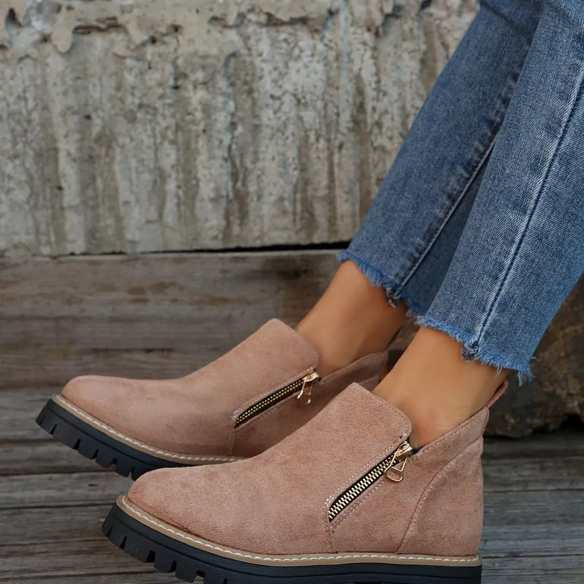 Ankle Boots with Zipper Detail - Pink - View 5