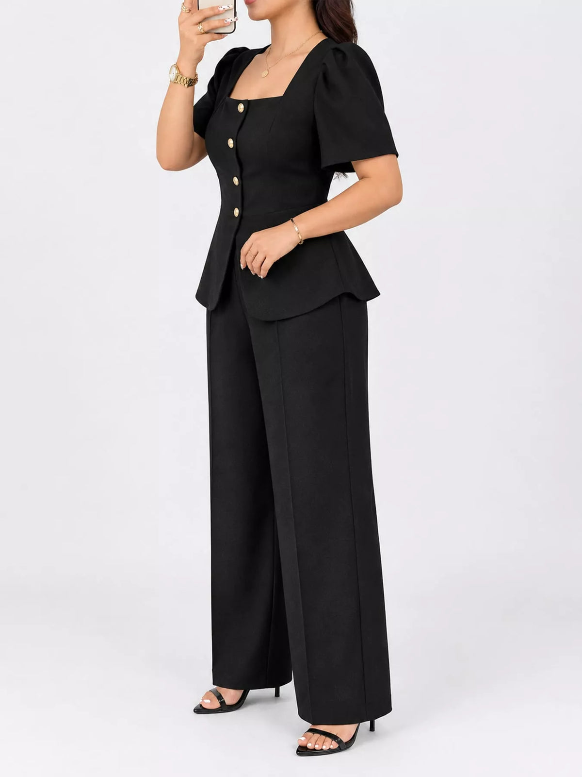 Plus Size Peplum Top and Wide-Leg Pants Two-Piece Set - Black - View 5