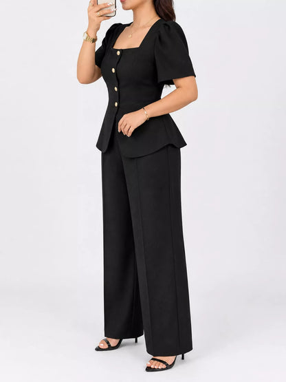 Plus Size Peplum Top and Wide-Leg Pants Two-Piece Set - Black - View 5