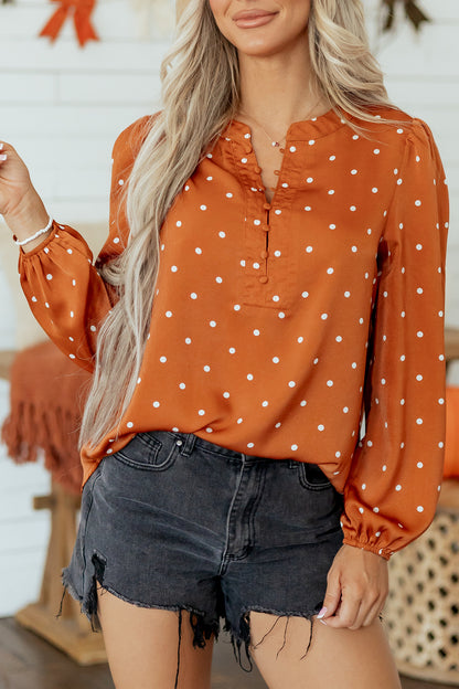 Brown Polka Dot Half Button V Neck Long Sleeve Blouse - product photo 14
