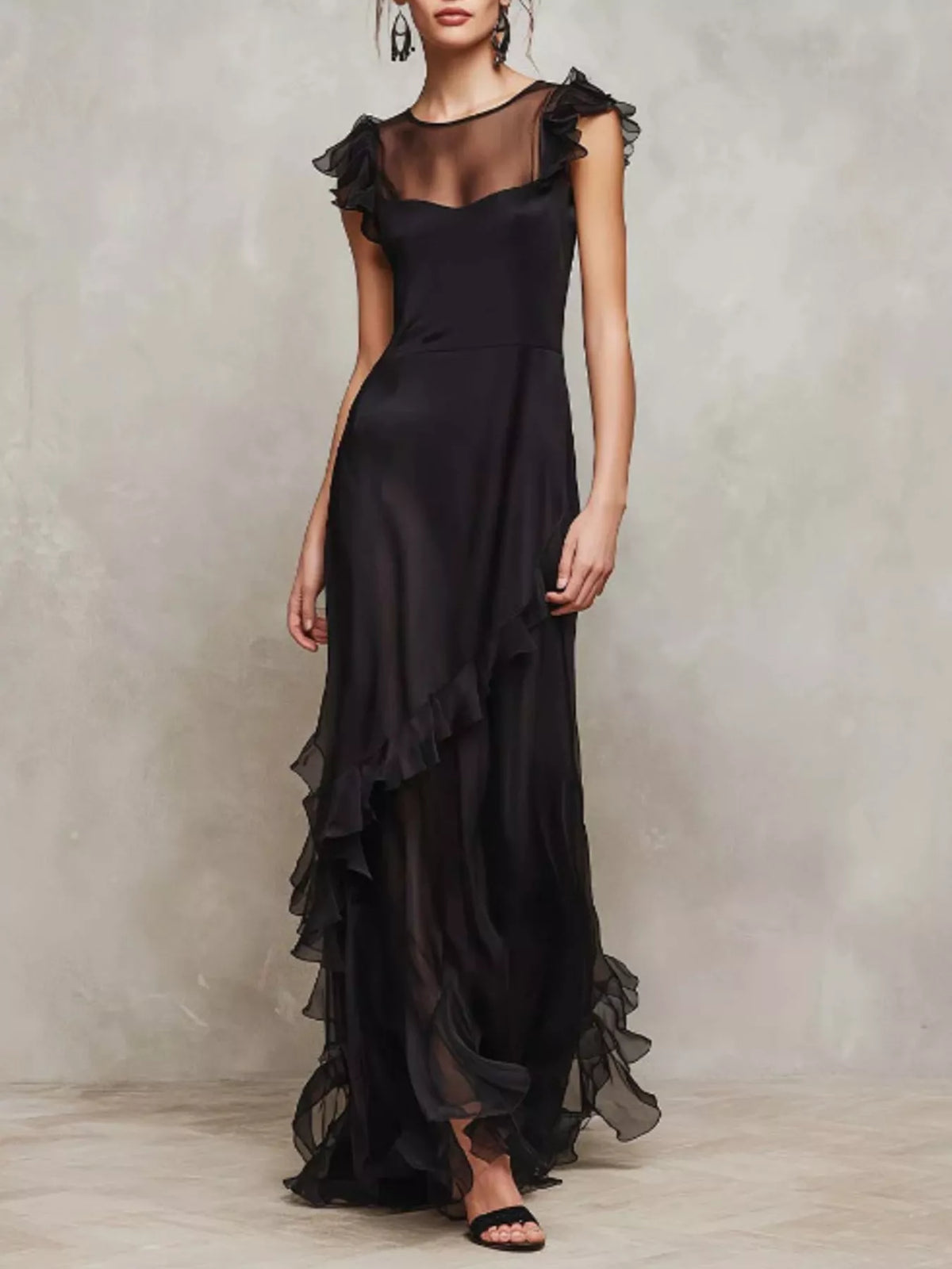 Sheer Ruffle Trim Maxi Dress - Black - View 3