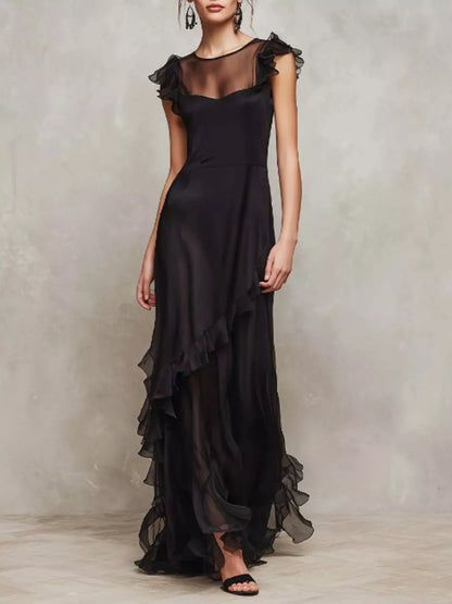 Sheer Ruffle Trim Maxi Dress - Black - View 3