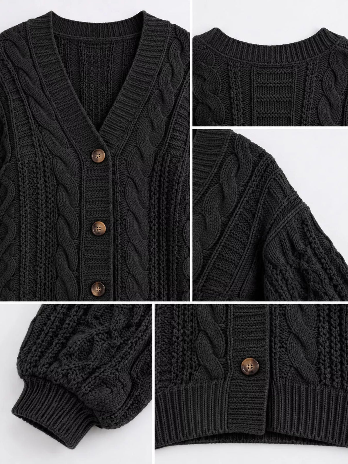 Cable Knit Button-Down Cardigan - Black - View 21