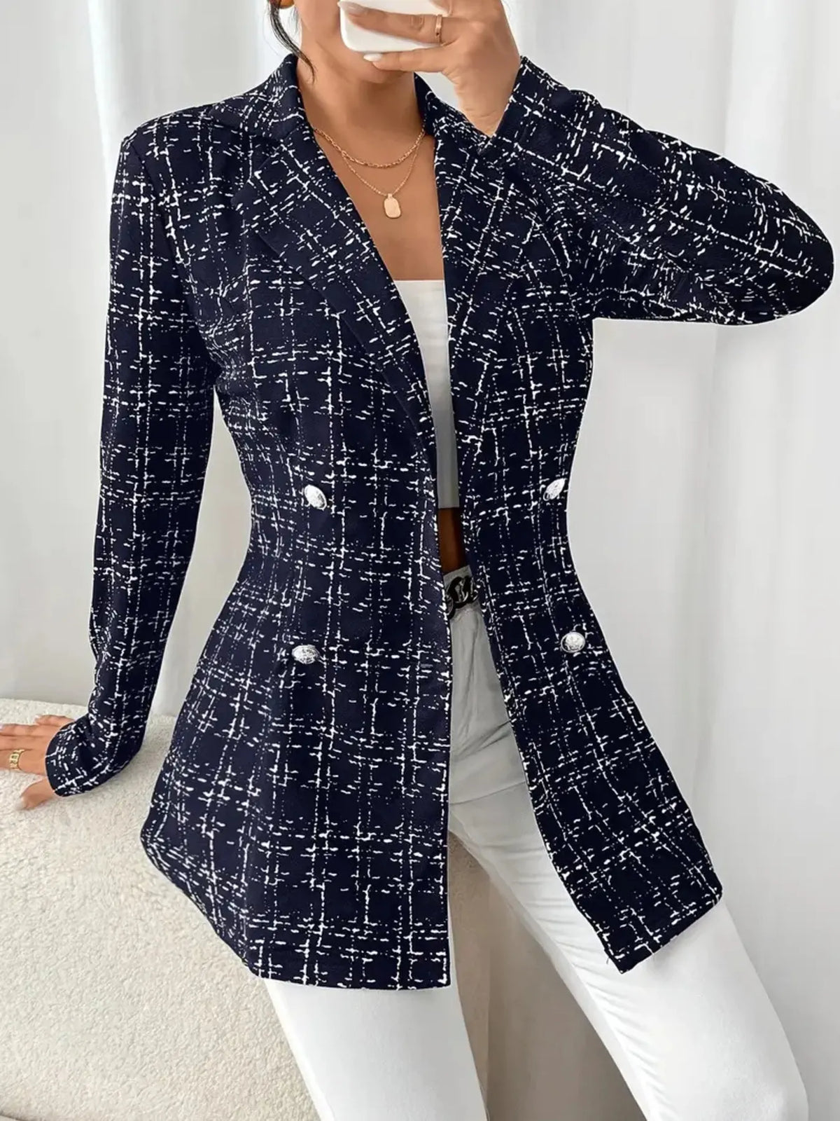 Tweed Double-Breasted Blazer - Navy Blue - View 11